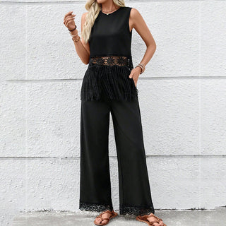 Lace Patchwork Solid Tassel Two Piece Set