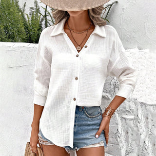 Solid V Neck Lapel Button Casual Shirt