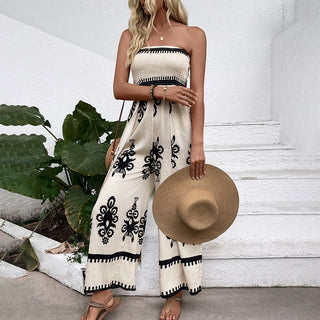 Smocked Bandeau Printed Slit Design Jumpsuit