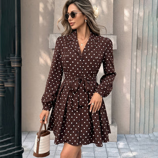 Polka Dot Print Lapel Tie Waist Mini Dress