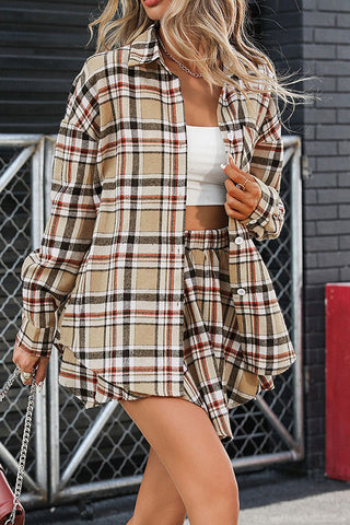 Plaid Shirt And Irregular Hem Skirt Two Piece Set