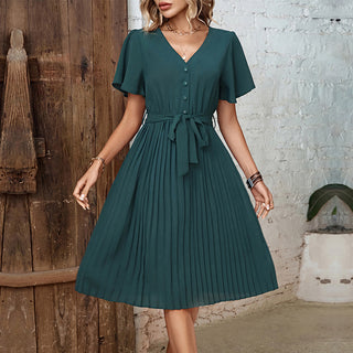 Solid Color V Neck Flare Sleeve Pleated Dress