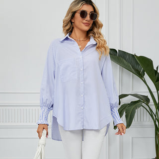 Ruched Cuff Striped Loose Fit Shirt Top