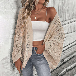 Solid Hollow Batwing Sleeve Open Front Cardigan