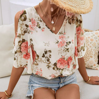 Floral Print Off-Shoulder V Neck Casual Top