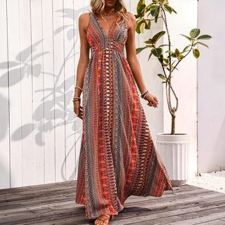 Fashion V Neck Printed Slit Design Maxi Dress