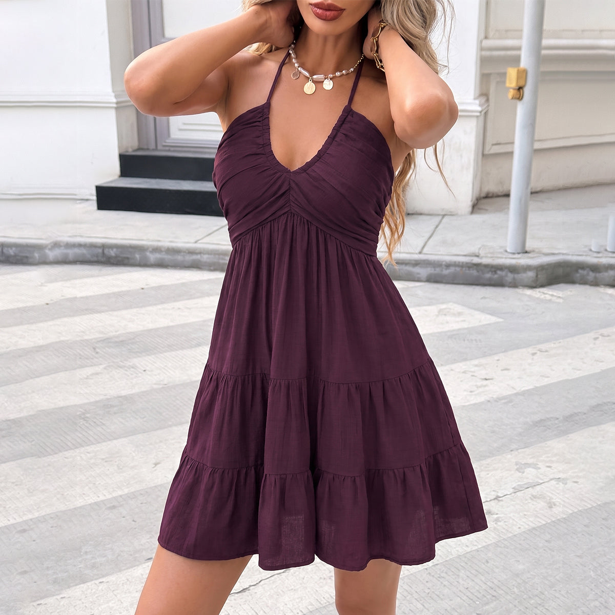 pleated halter dress Tie White Relaxed and flowy Pleated Halter Dress