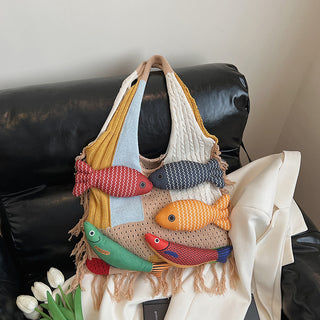 Bohemian Style Fish Design Color Block Knitted Bags