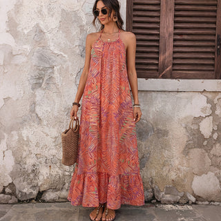 Ethnic Style Printed Halter Neck Backless Dress