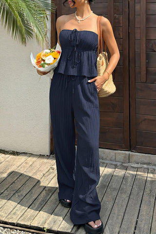 Solid Color Bandeau Tie Front Two Piece Set