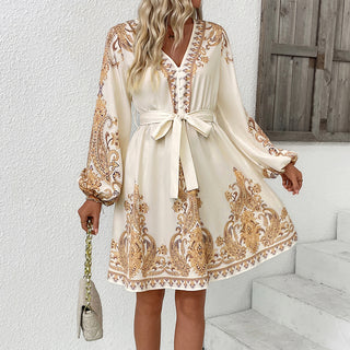 Retro Ethnic V Neck Paisley Print Dress