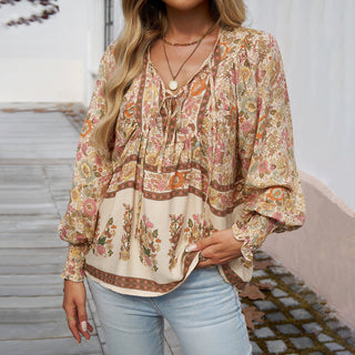 Boho Print V Neck Tie Front Long Sleeve Top