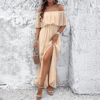 Solid Color Off The Shoulder Slit Design Dress
