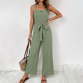 Solid Color Sleeveless Tie Waist Jumpsuit