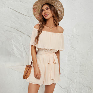 Off The Shoulder Solid Tie Waist Pleated Romper