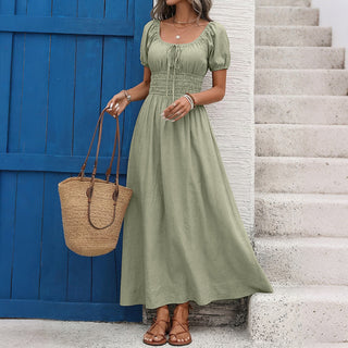 Retro Style Square Neck Solid Color Dress