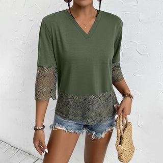 Lace Patchwork V Neck Solid Casual Top