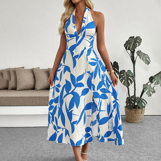 V Neck Leaf Print Slit Design Halter Neck Dress