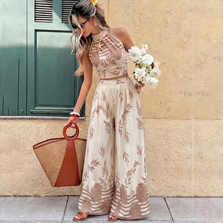 Fashion Printed Halter Neck Backless Two Piece Set