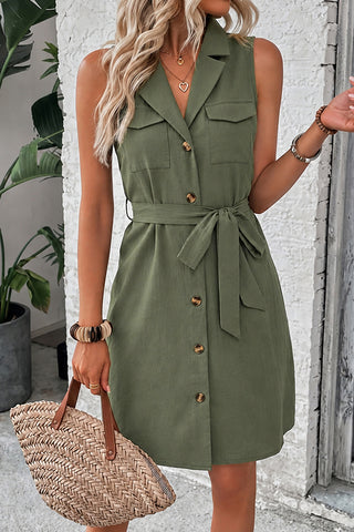 V Neck Solid Color Lapel Tie Waist Dress