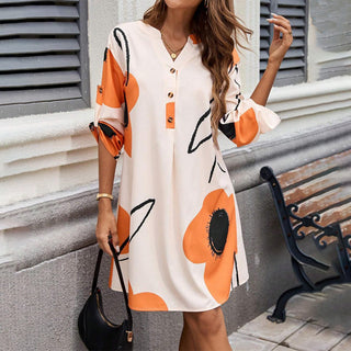 Fashion Color Block V Neck Button Dress