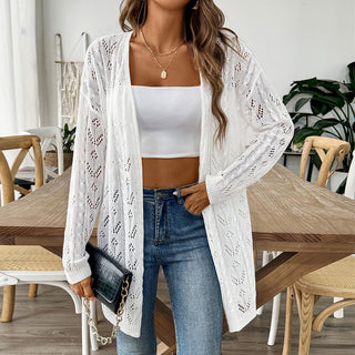 Solid Hollow Knitted Open Front Cardigan