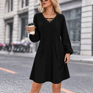 V Neck Cross Tie Lantern Sleeve Knitted Dress