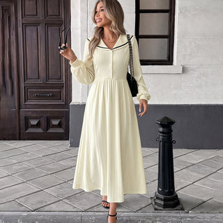 Color Block Sailor Collar Lantern Sleeve Dress