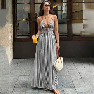 Stripe Print Color Block Deep V Neck Dress