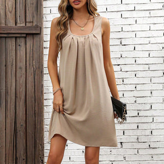 Solid Color U Neck Pleated Casual Dress