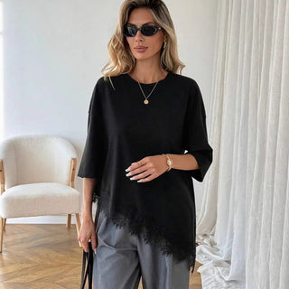 Lace Patchwork Asymmetrical Hem Casual Tops