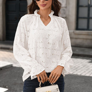 Solid Color Lace Patchwork V Neck Top