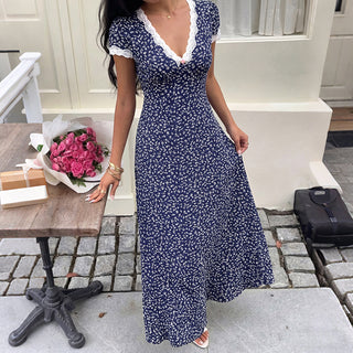 Lace Patchwork V Neck Floral Print Dress
