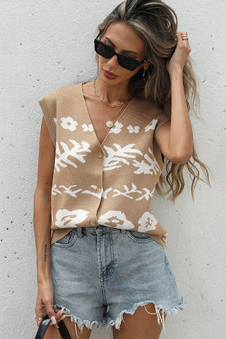 V Neck Printed Button Knitted Casual Top