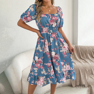 Resort Style Floral Print Smocked Waist Dress