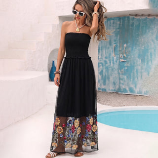 Smocked Bandeau Mesh Floral Embroidered Dress