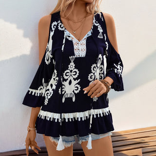 Retro Style Off-Shoulder Printed Lace Patchwork Top