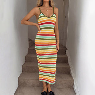 Colorful Stripe Print Back Cross Bodycon Dress