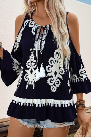 Retro Style Off-Shoulder Printed Lace Patchwork Top