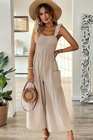 Solid Color Smocked Ruffle Straps Jumpsuit