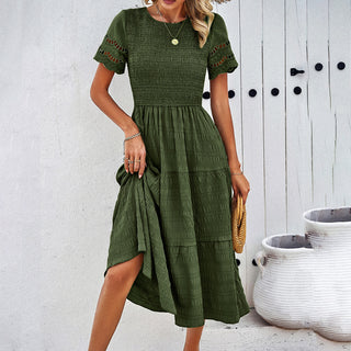 Solid Color Smocked Round Neck Casual Dress
