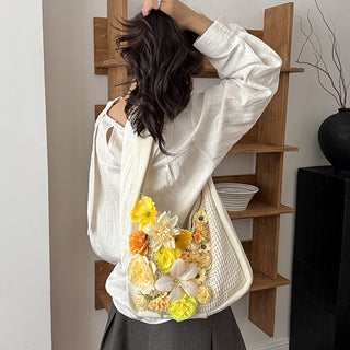 Flower Design Color Block Weave Bag