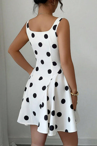 Dots Print Square Neck Cinched Waist Dress
