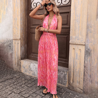 Deep V Neck Printed Pleated Halter Neck Dress