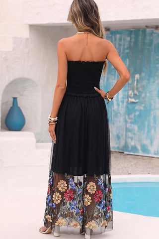 Smocked Bandeau Mesh Floral Embroidered Dress