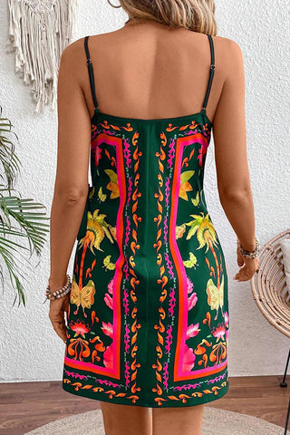 Tropical Print Tie Side V Neck Mini Dress