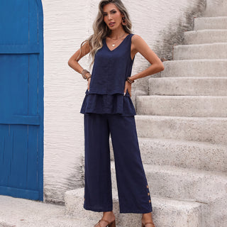 V Neck Solid Color Layered Two Piece Set