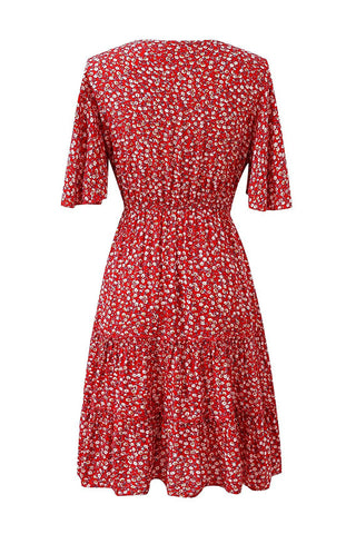 V Neck Floral Print Ruffle Sleeves Mini Dress