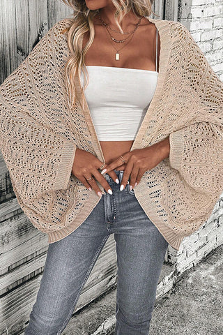 Solid Hollow Batwing Sleeve Open Front Cardigan