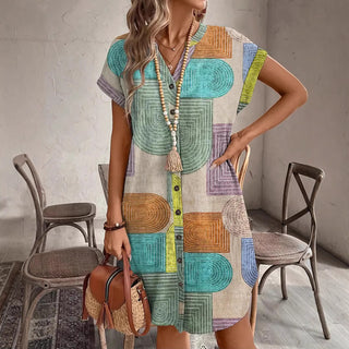 Color Block V Neck Printed Button Casual Dress